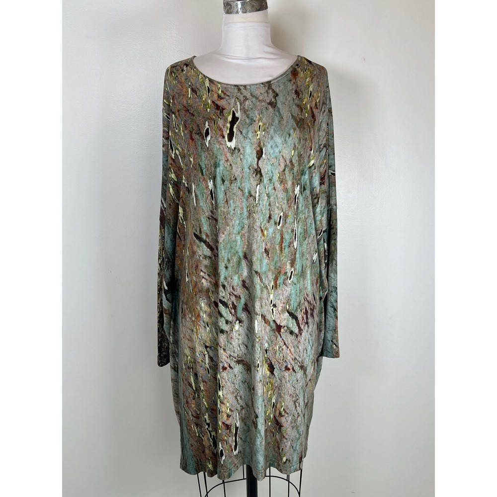 BRYN WALKER Tunic Dress XL Green EUC Abstract Earthy Lagenlook Long Sleeve USA